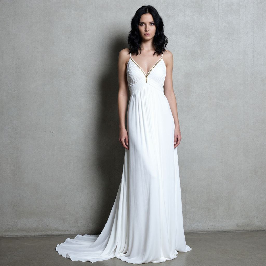 Elegant White Evening Gown with Gold Embellishments on Woman