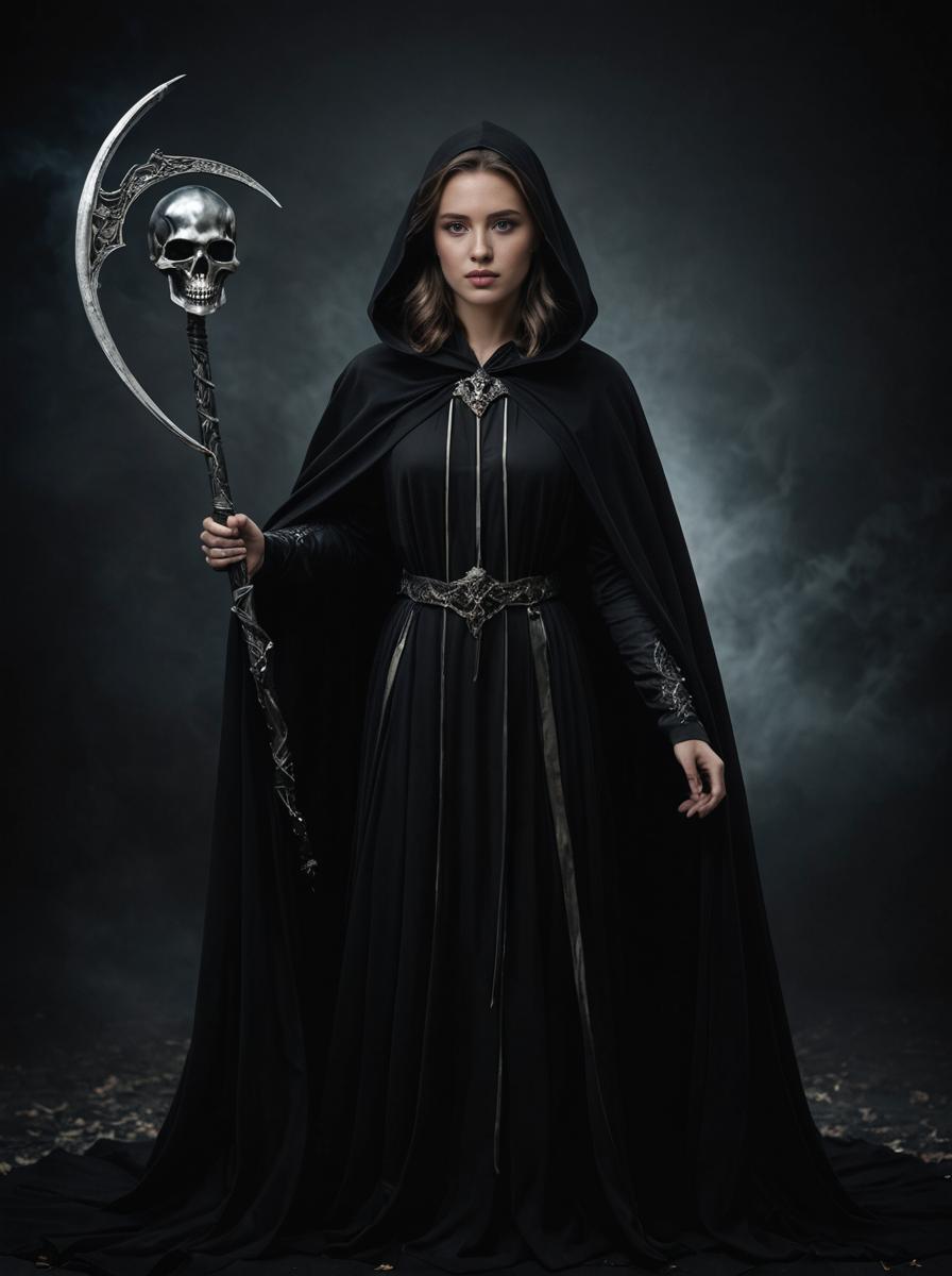 Mysterious Woman in Cloak with Skull Staff