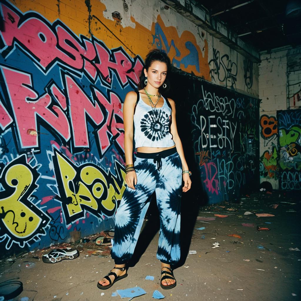Urban Street Style Woman in Blue White Tie-Dye Outfit with Graffiti Background