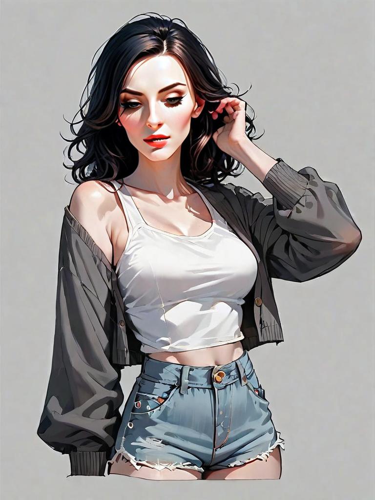 Realistic Digital Illustration of Woman in Casual Outfit with Denim Shorts and Crop Top
