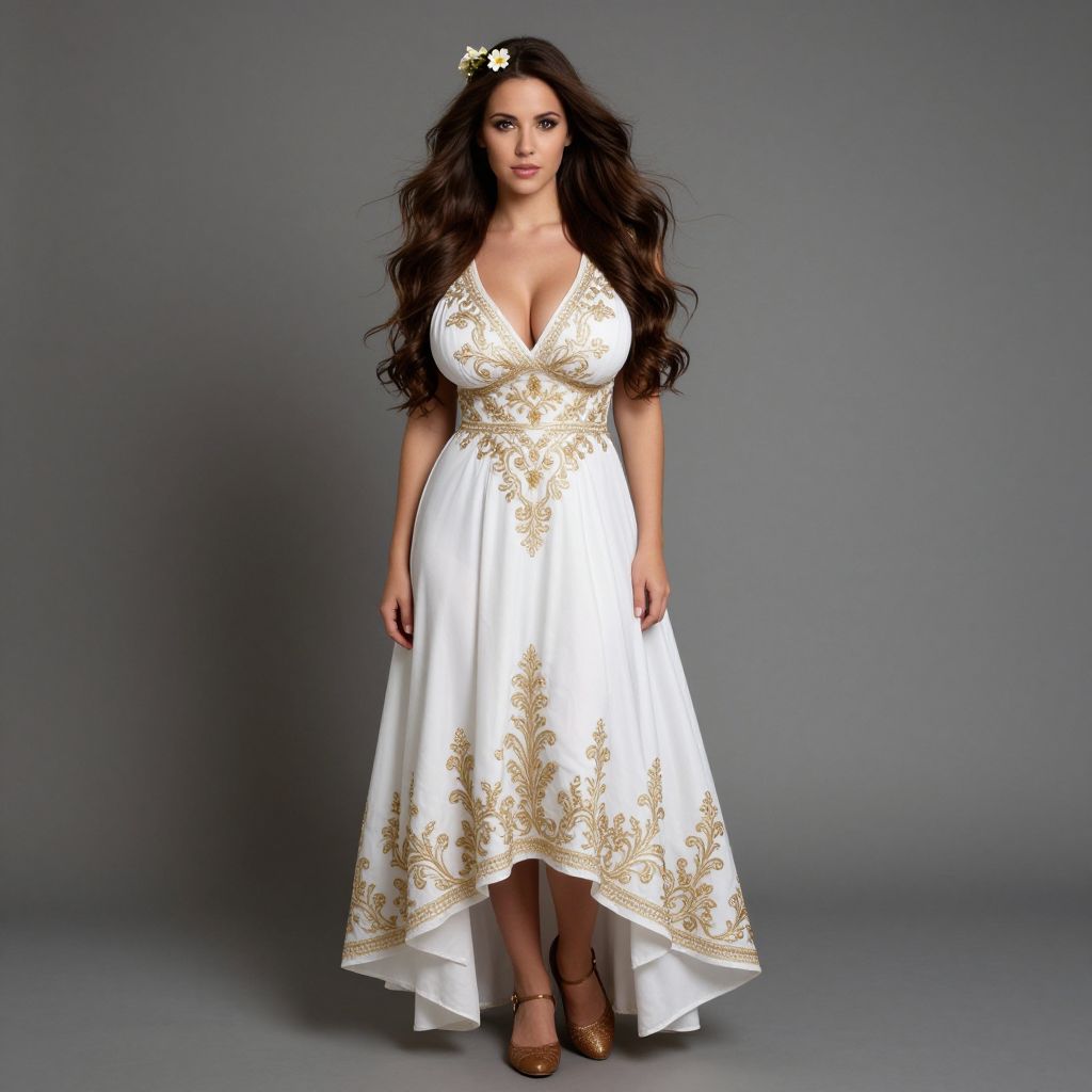 Woman in White and Gold Embroidered Asymmetrical Dress with Flower Hair Accessory