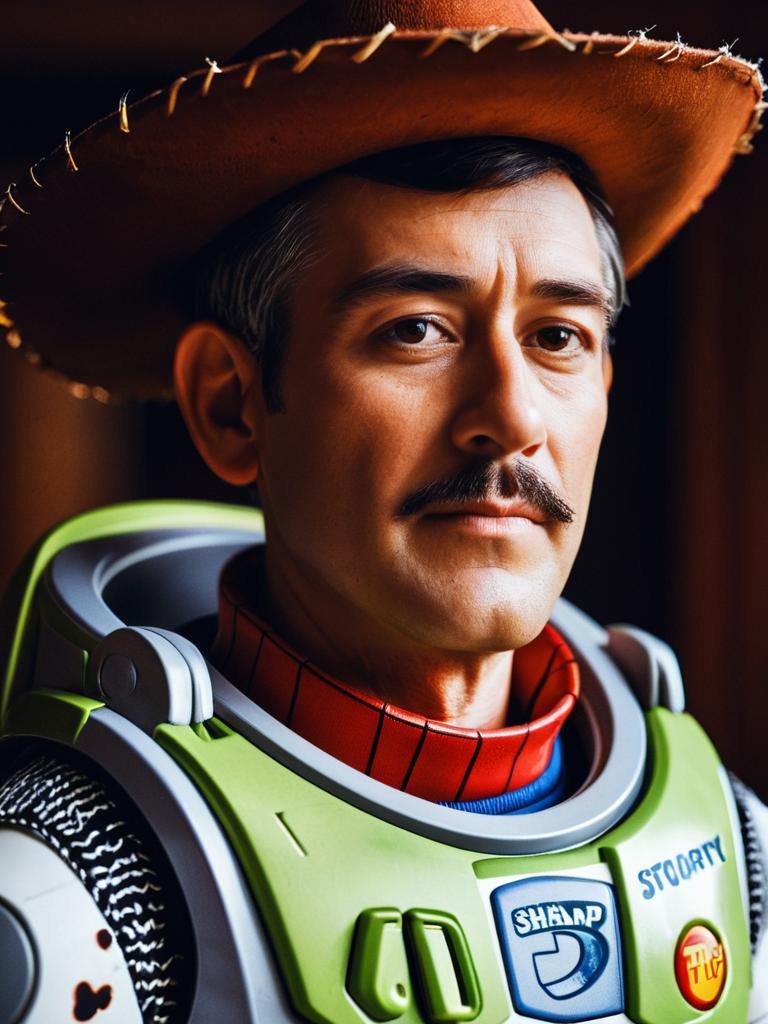 Man in Toy Story Buzz Lightyear Costume with Cowboy Hat Cinematic Portrait