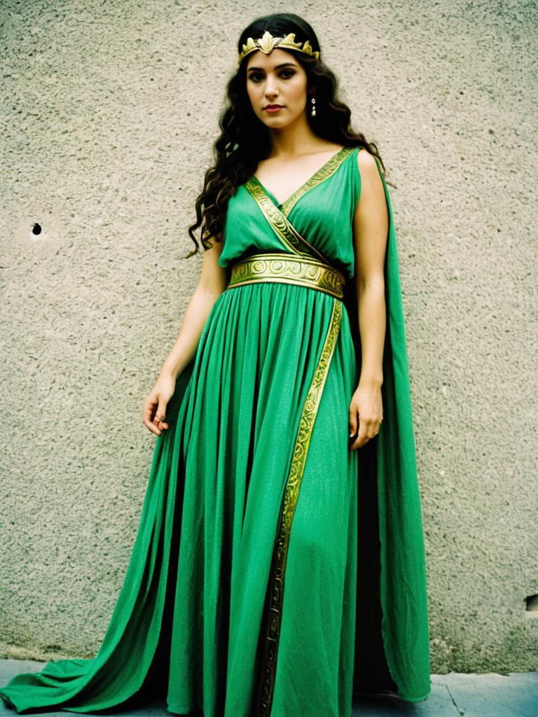 Woman Wearing Green Greek Goddess Costume with Gold Trim and Laurel Headpiece