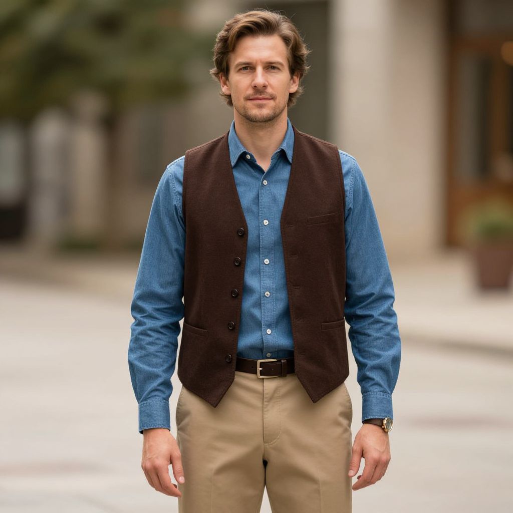 Confident Man in Blue Shirt and Brown Vest Standing Outdoors