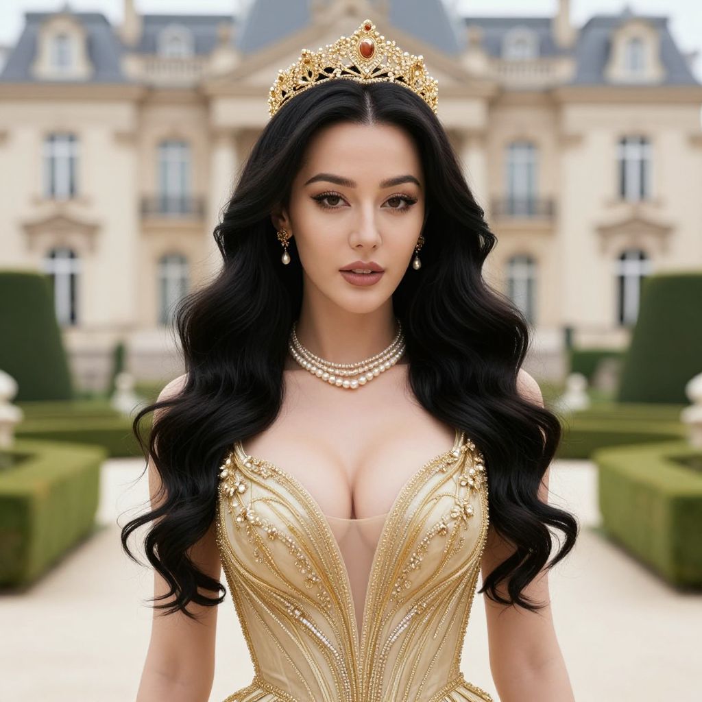 Elegant Woman Wearing Gold Embellished Gown and Crown in Front of Chateau