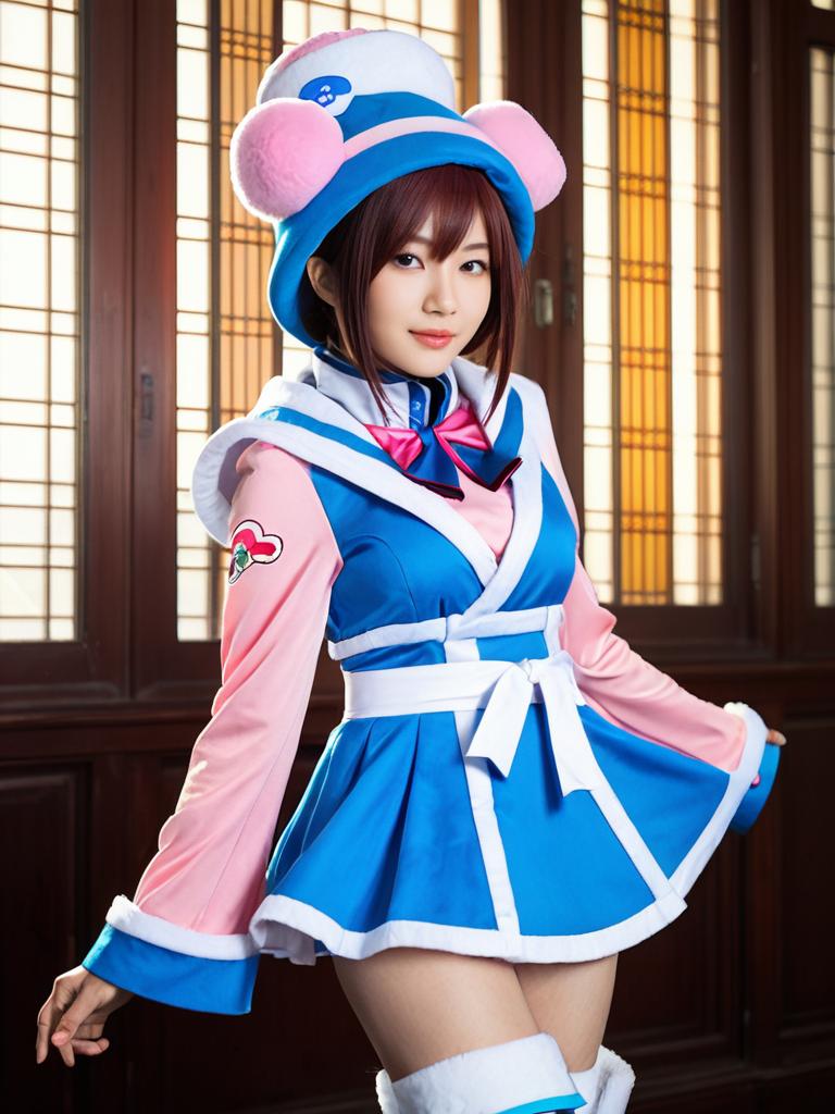 Man Cosplaying as Mei Hatsume in Detailed Blue and Pink Costume