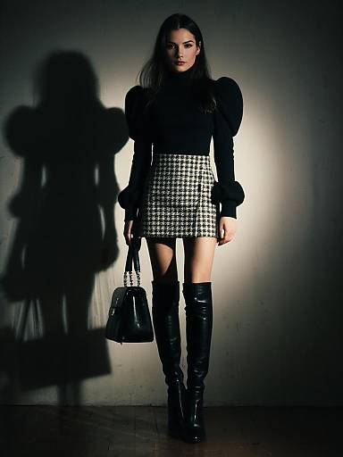 Contemporary Chic Woman in Black Fitted Crew Neck Top with Dramatic Puff Sleeves and Houndstooth Mini Skirt