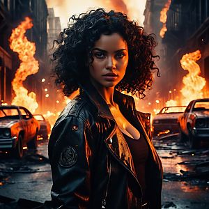 Fierce Woman in Leather Jacket Amidst Urban Fire Destruction