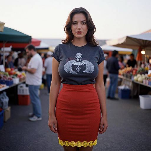 Willowy Woman in Charcoal Grey Graphic T-Shirt and Red Skirt at Outdoor Market