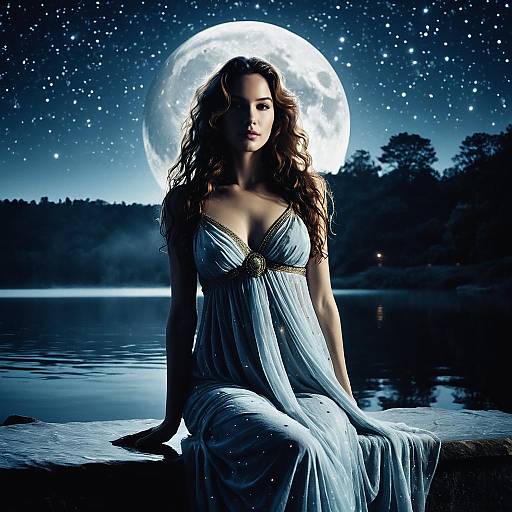 Elegant Woman in Flowing Gown by Moonlit Lake at Night