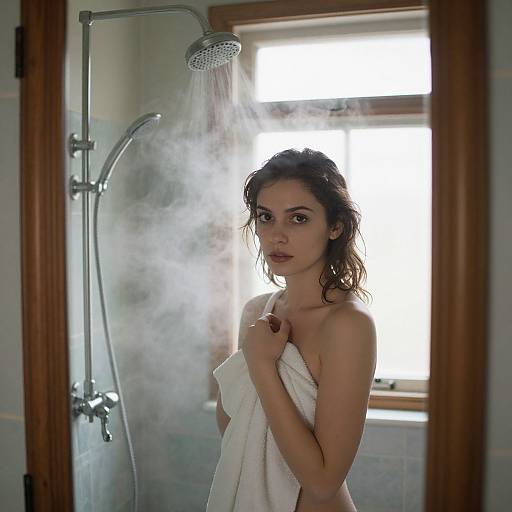 Young Woman in Steamy Shower Wrapped in Towel