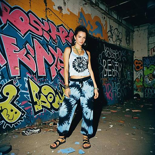 Urban Street Style Woman in Blue White Tie-Dye Outfit with Graffiti Background