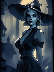Witch in Elegant Dress with Gothic Background