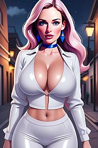 Stylized Digital Artwork of Woman with Pink Hair in White Outfit in Urban Night Setting