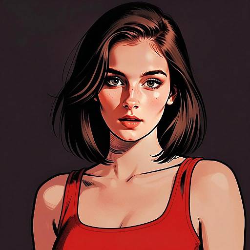 Digital Portrait of Woman in Red Tank Top with Comic Book Style