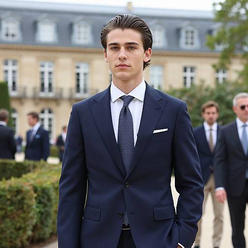 Young Man in Navy Blue Suit Outdoors Formal Setting