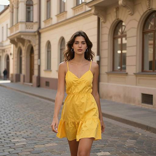 Young Woman in Yellow Summer Dress Walking on Cobblestone Street