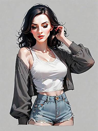 Realistic Digital Illustration of Woman in Casual Outfit with Denim Shorts and Crop Top
