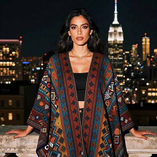 Urban Night Portrait of Woman in Colorful Bohemian Kimono with Cityscape Background