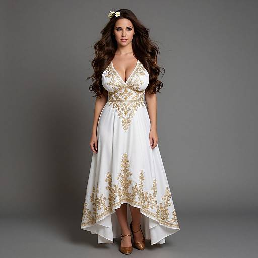 Woman in White and Gold Embroidered Asymmetrical Dress with Flower Hair Accessory