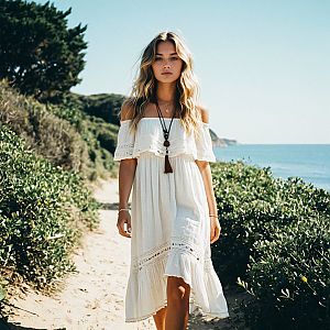 Young Woman in Flowing White Dress on Coastal Path