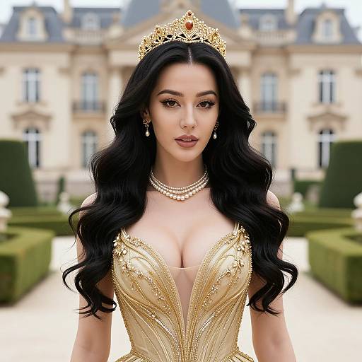 Elegant Woman Wearing Gold Embellished Gown and Crown in Front of Chateau