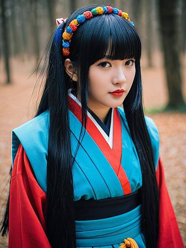 Woman in Traditional Blue and Red Costume with Colorful Headband in Autumn Forest