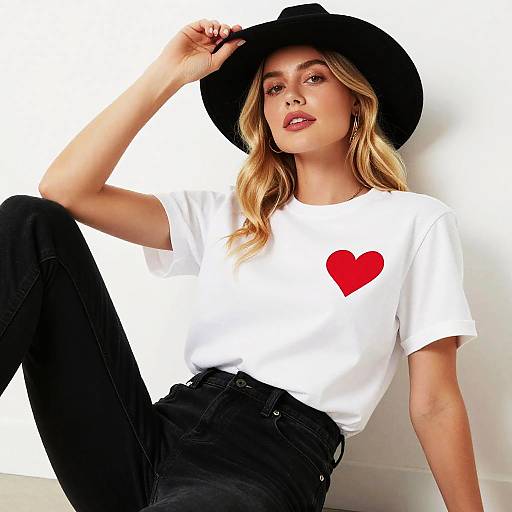 Stylish Woman Wearing White T-Shirt with Red Heart and Black Hat