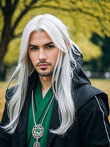 Fantasy Portrait of Man with Silver Hair Wearing Green Robe and Mystical Pendant