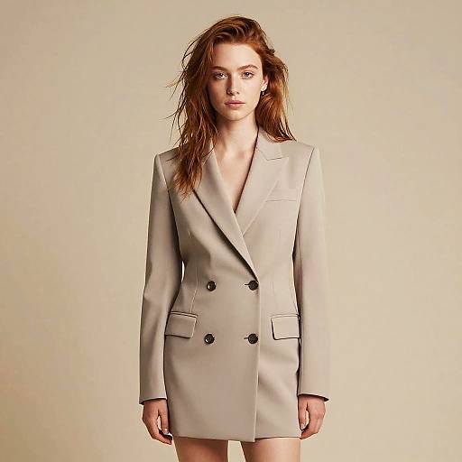 Gen Z Fashion Woman Wearing Beige Double-Breasted Blazer Dress