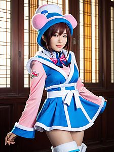 Man Cosplaying as Mei Hatsume in Detailed Blue and Pink Costume