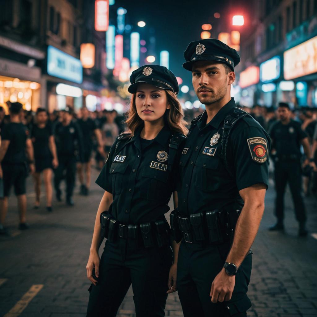 Police Officers on a Neon-Lit City Street