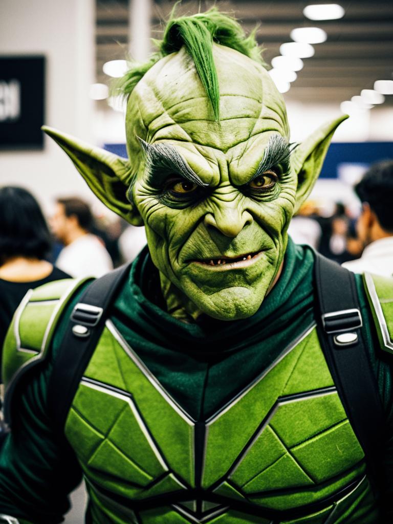 Man in Green Goblin Costume Candid Cosplay Portrait at Comic Convention