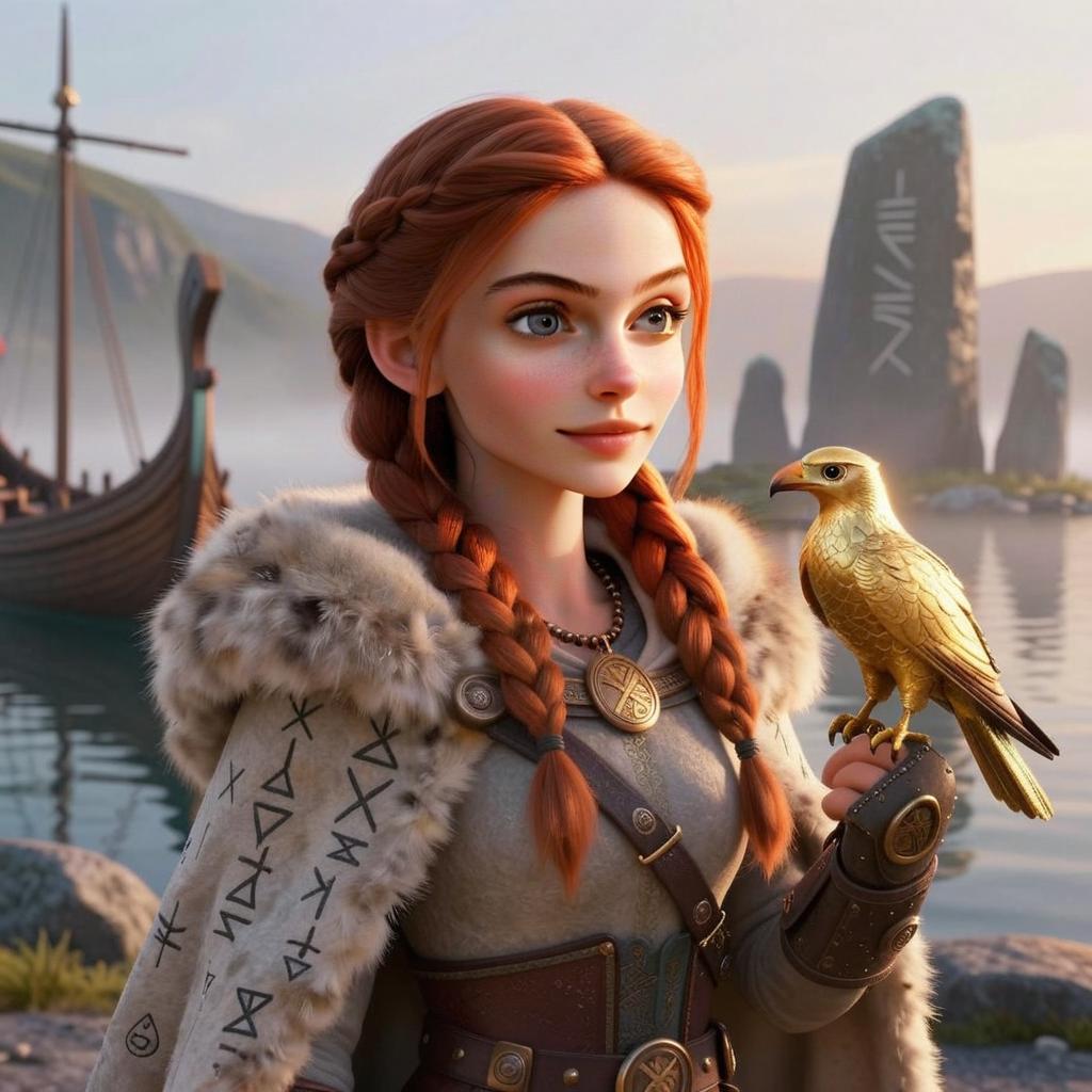 Viking Woman with Hawk by the Fjord in Norse Fantasy 3D Art