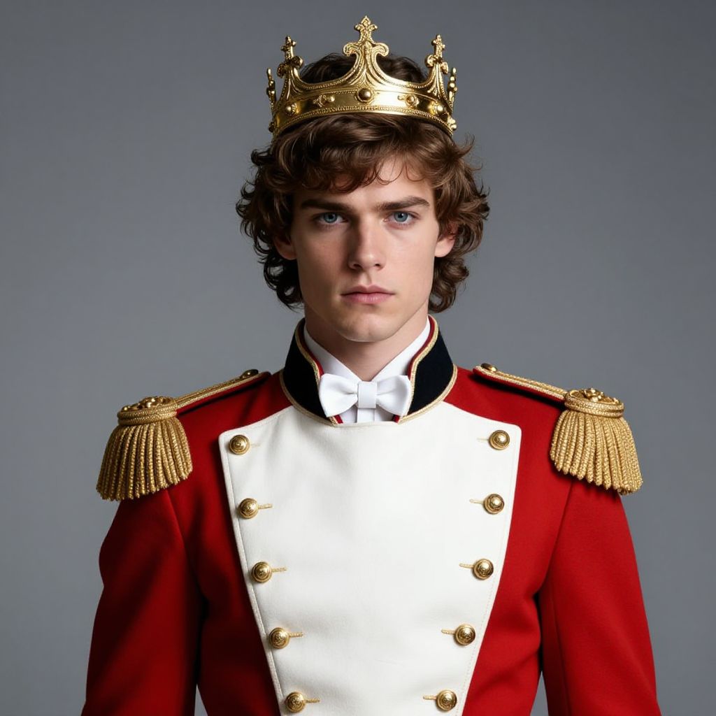 Young Man Wearing Regal Crown and Military-Style Jacket Portrait