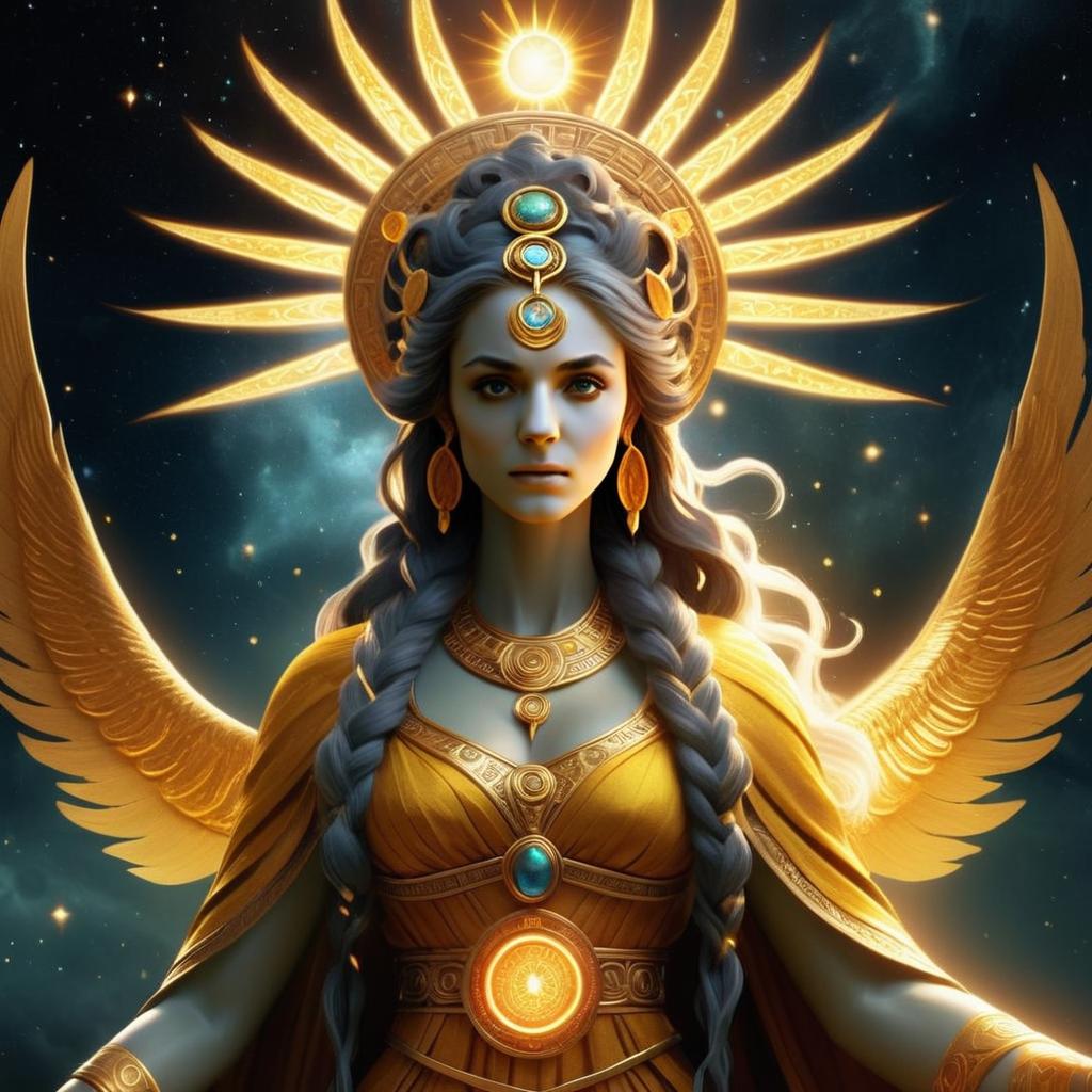 Majestic Figure in Golden Attire with Celestial Aura