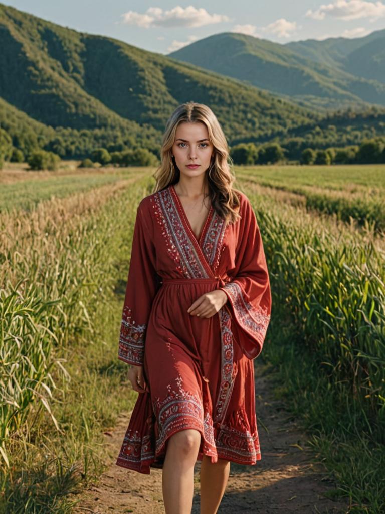 Woman in Bohemian Red Dress in Lush Green Field