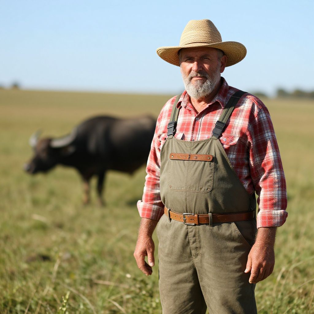 Elderly Farmer in Straw Hat Standing in Pasture with Buffalo