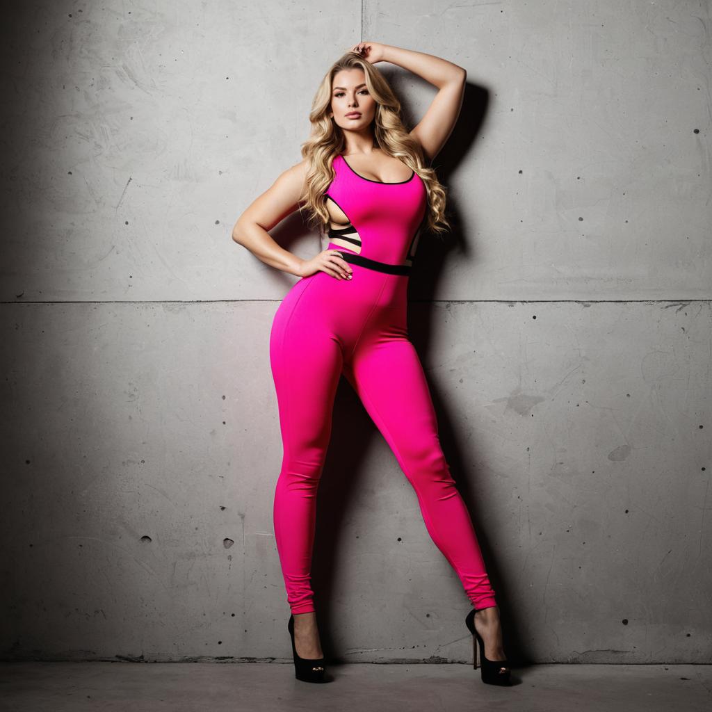 Stylish Woman in Pink Form-Fitting Jumpsuit Posing Against Concrete Wall