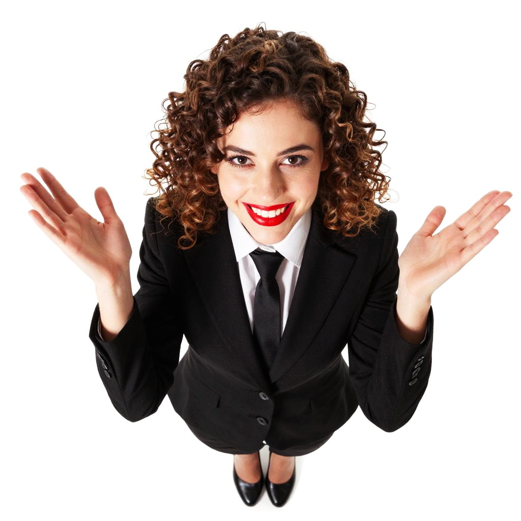 Confident Business Woman with Curly Hair in Black Suit Expressing Friendly Gesture
