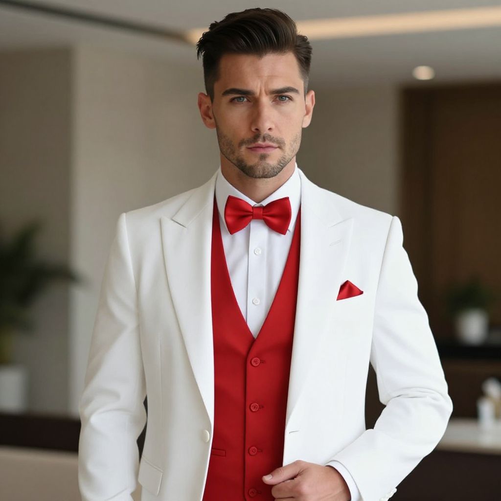 Stylish Man in White Suit with Red Vest and Bow Tie