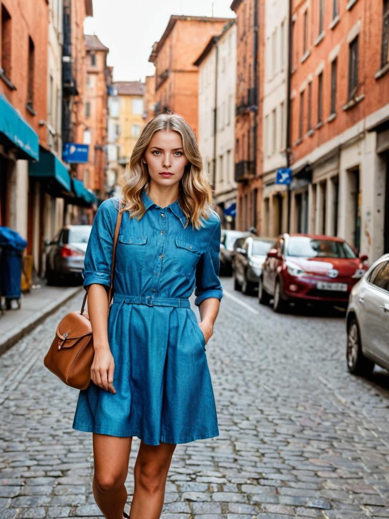 Woman in Denim Dress with Crossbody Bag on European Street