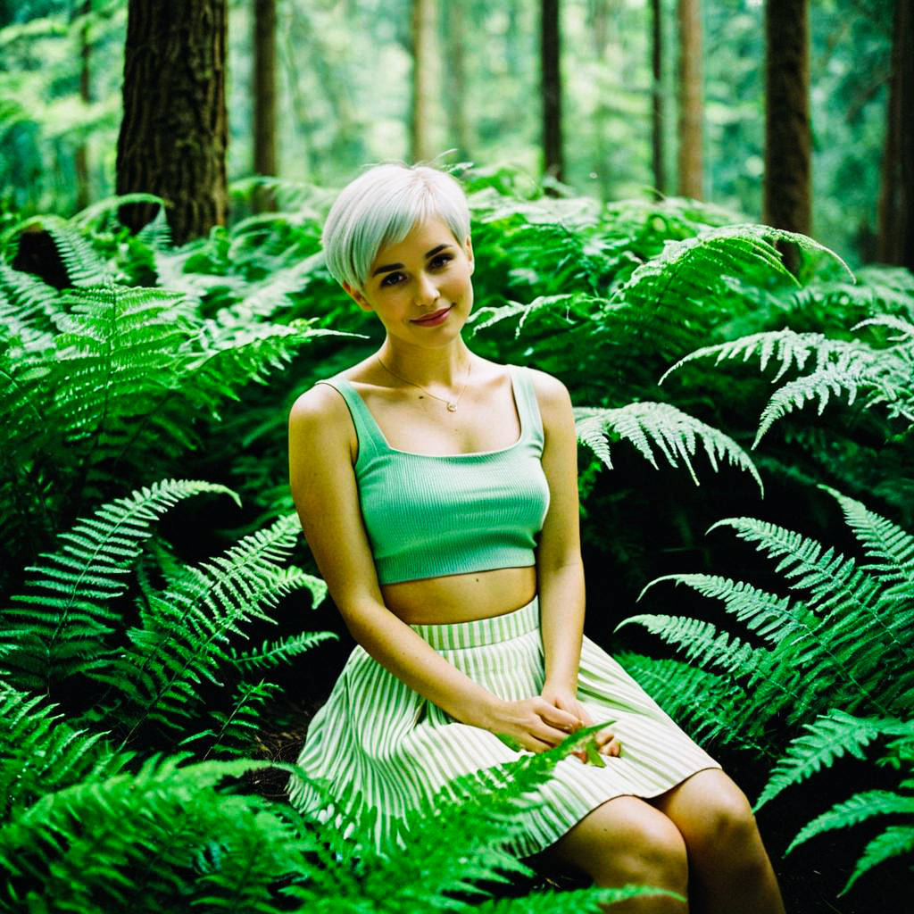 Young Woman in Forest with Ferns