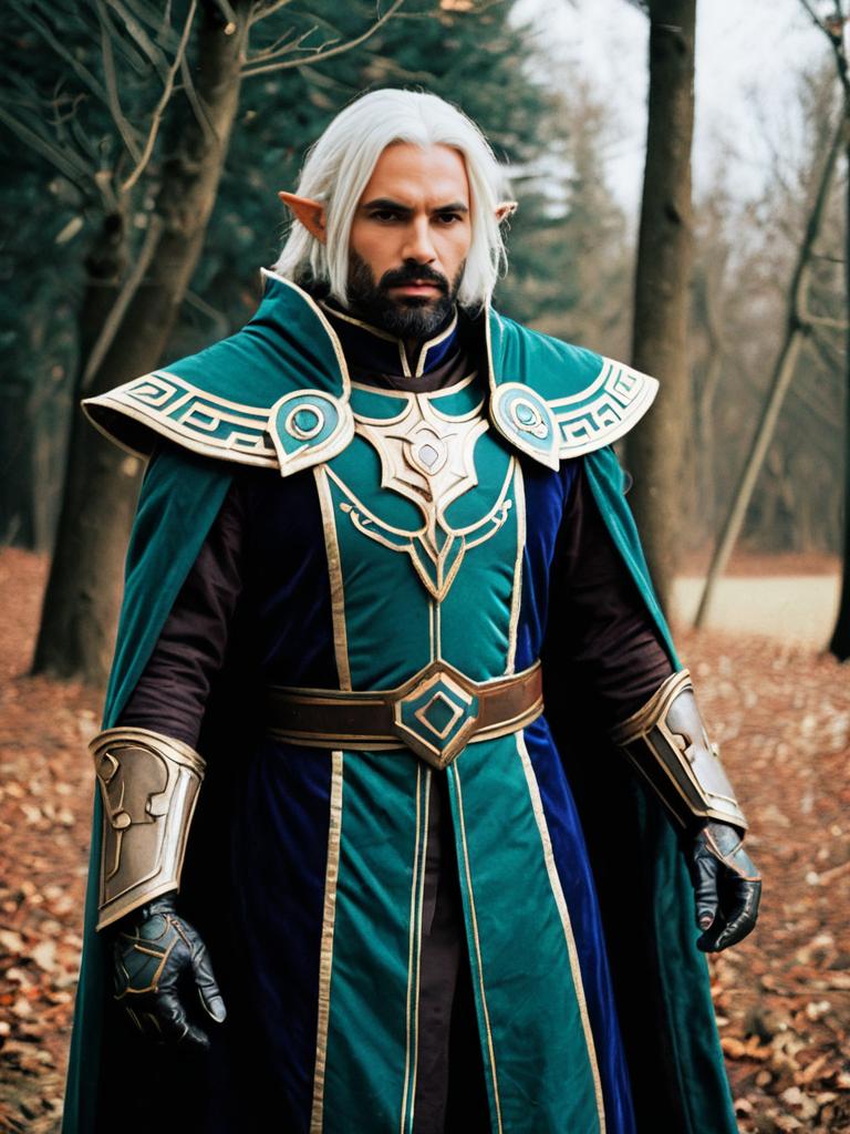 Man in Realistic Nerevarine Cosplay Costume with Armor in Forest