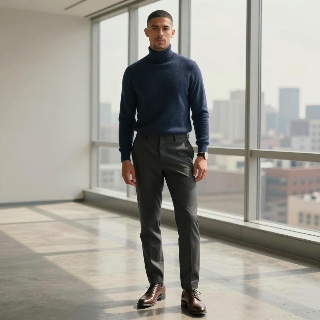 Young Man in Navy Turtleneck Sweater and Tailored Trousers in Urban Office