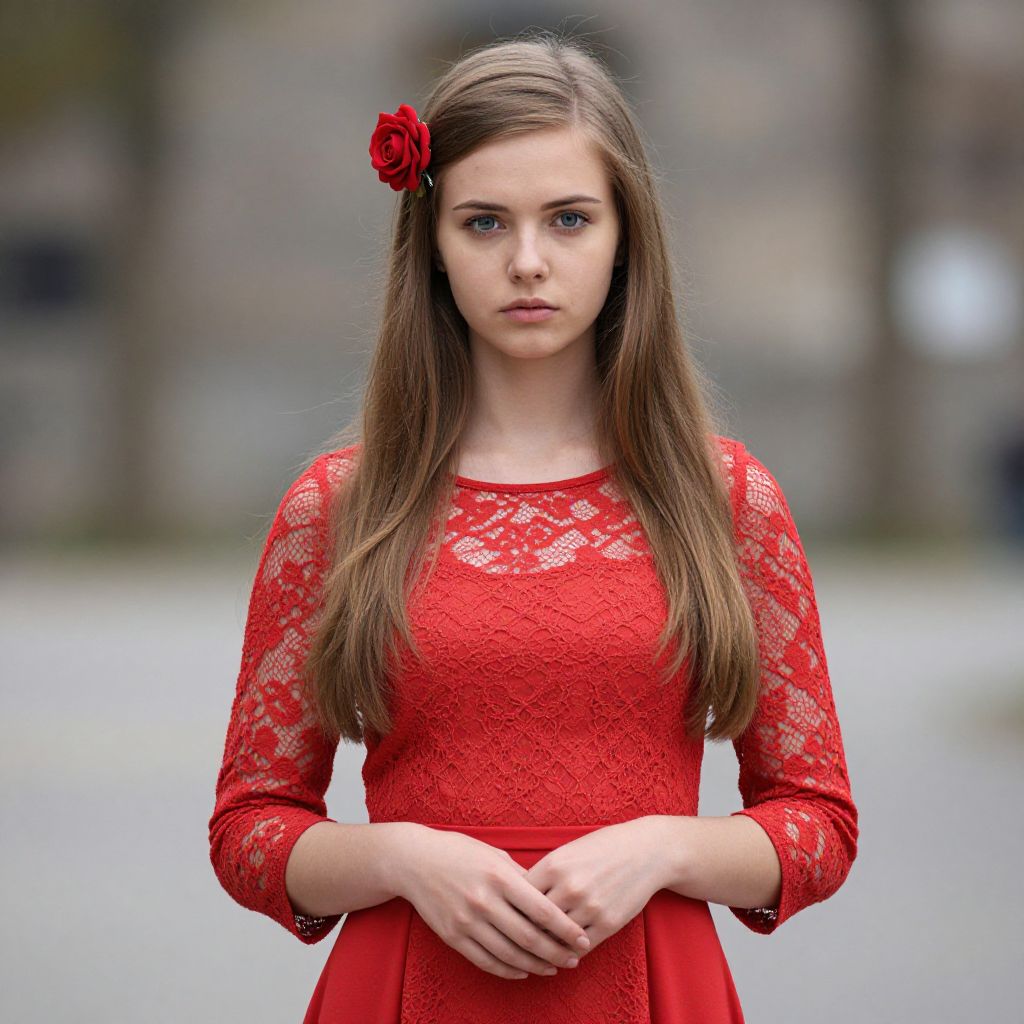 Young Woman in Elegant Red Lace Dress with Rose Hair Accessory