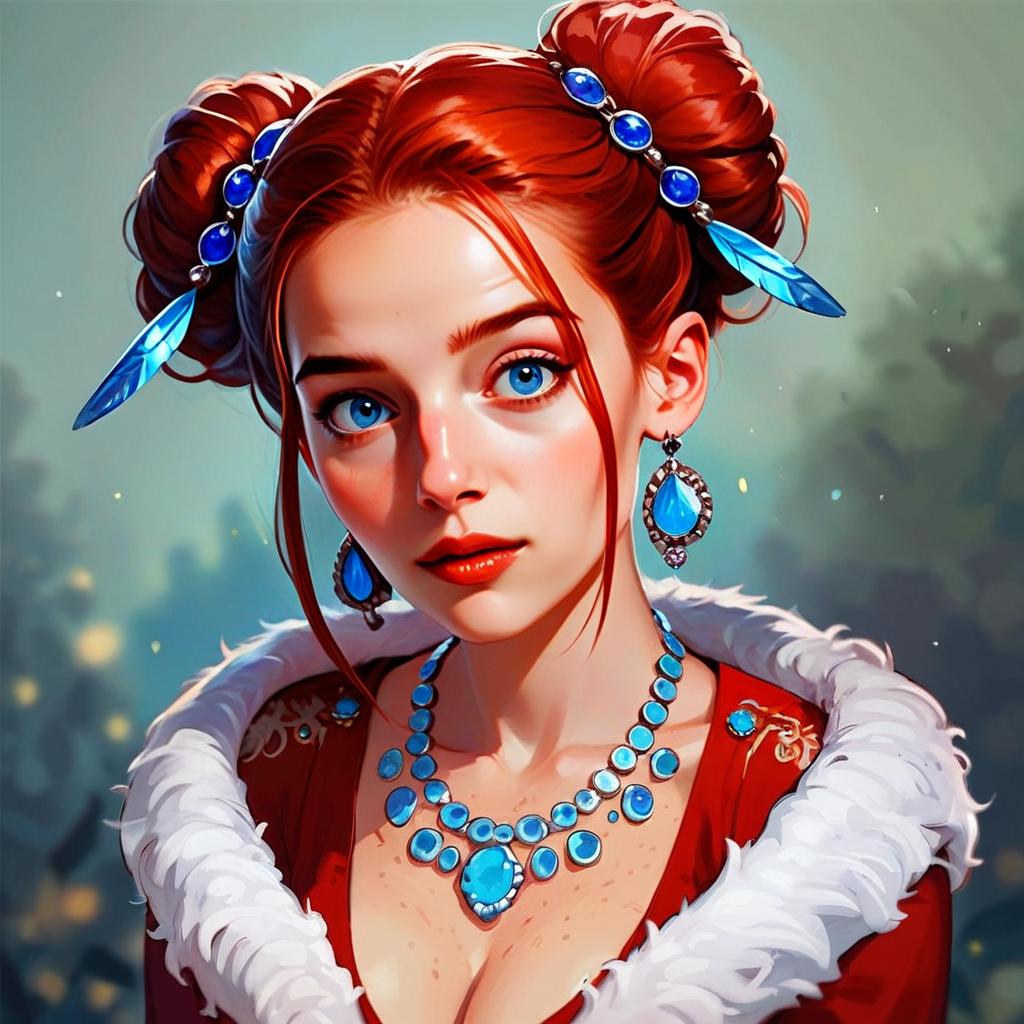 Fantasy Portrait of Red-Haired Woman with Blue Gemstone Jewelry Digital Art