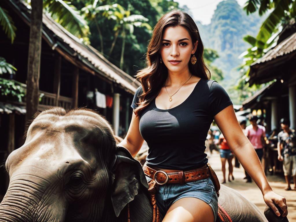 Woman in casual chic outfit walking alongside elephant