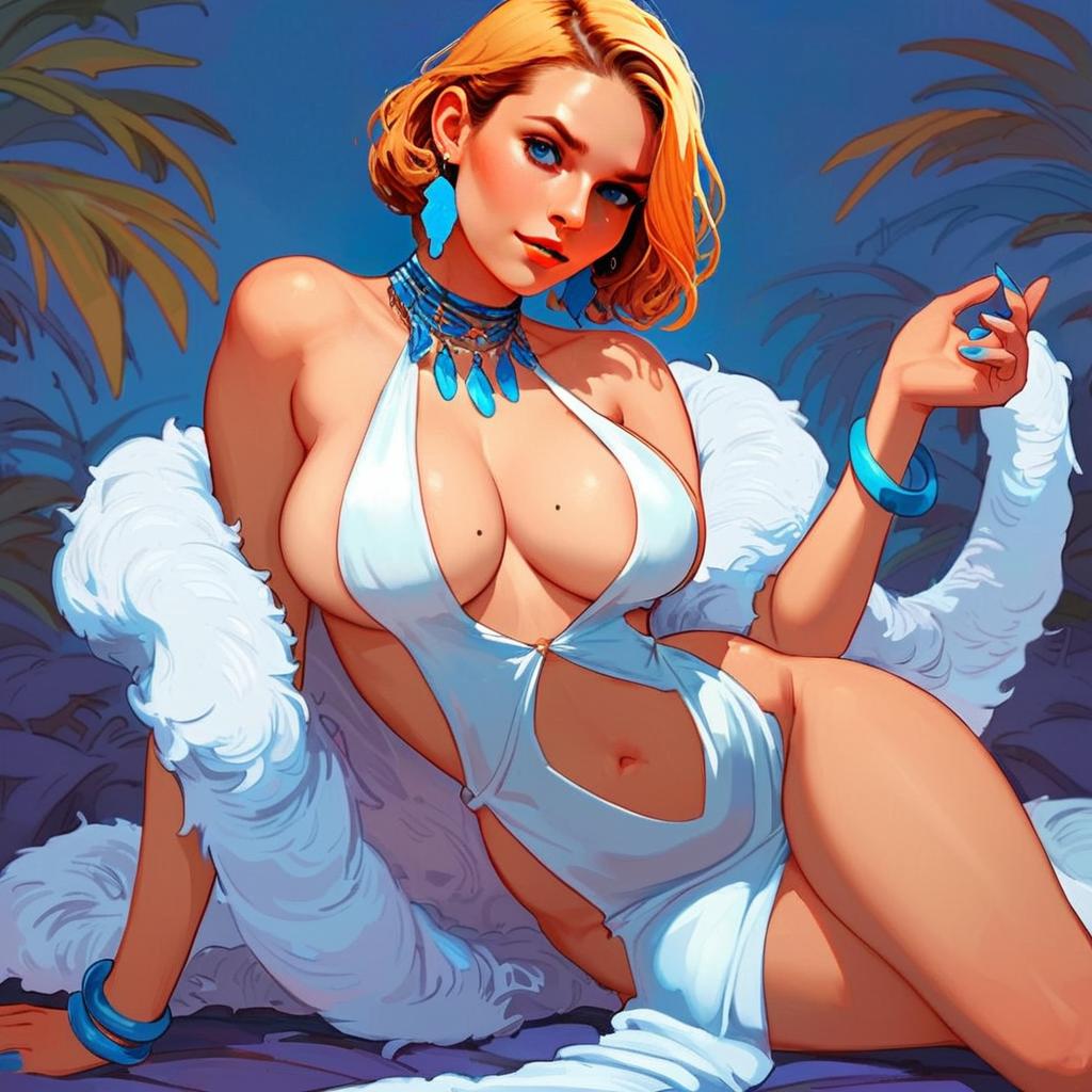 Digital Illustration of Blonde Woman in White Dress with Blue Jewelry