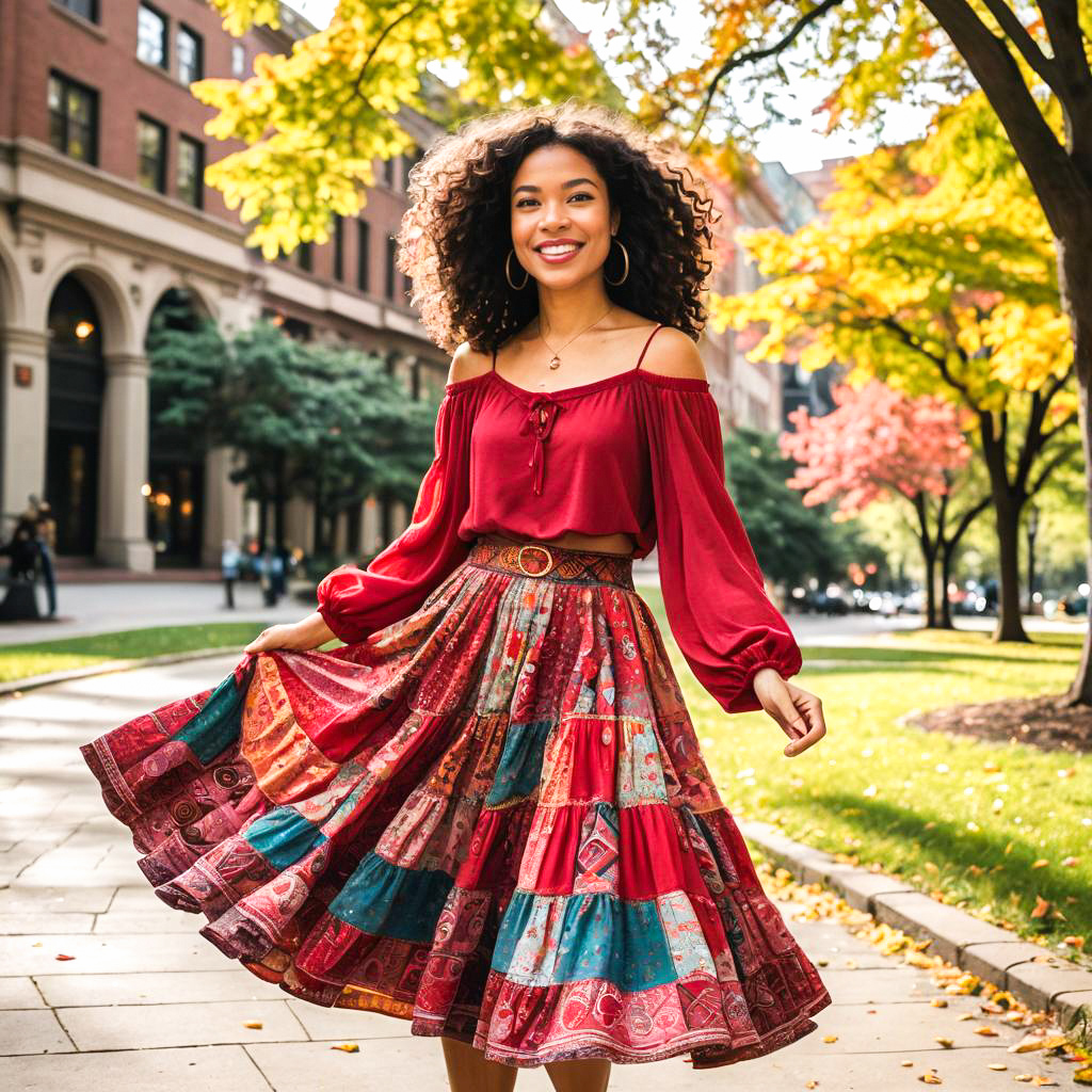 Joyful Woman Twirling in Vibrant Skirt